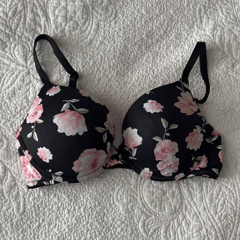 Victoria's Secret Black Bra with Pink Floral Design